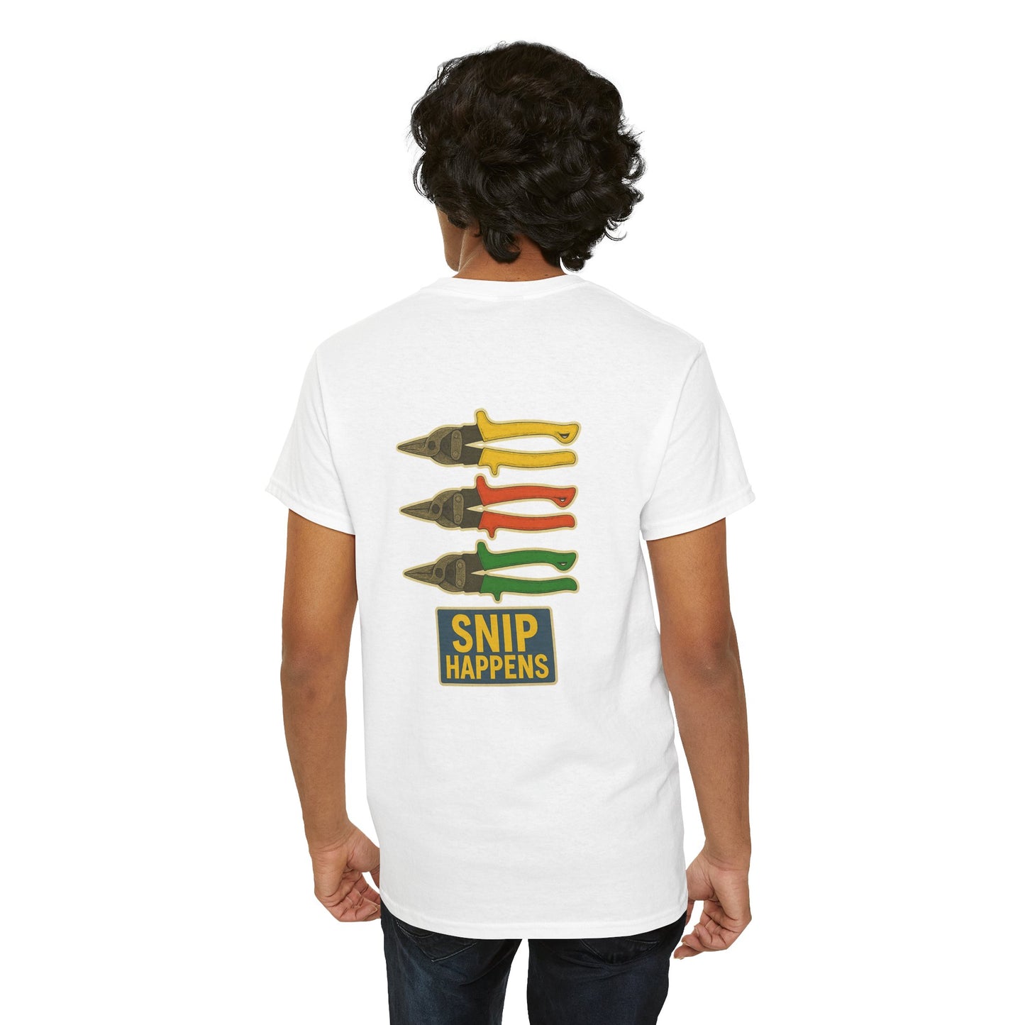 “Snip Happens” shirt with yellows, reds and greens