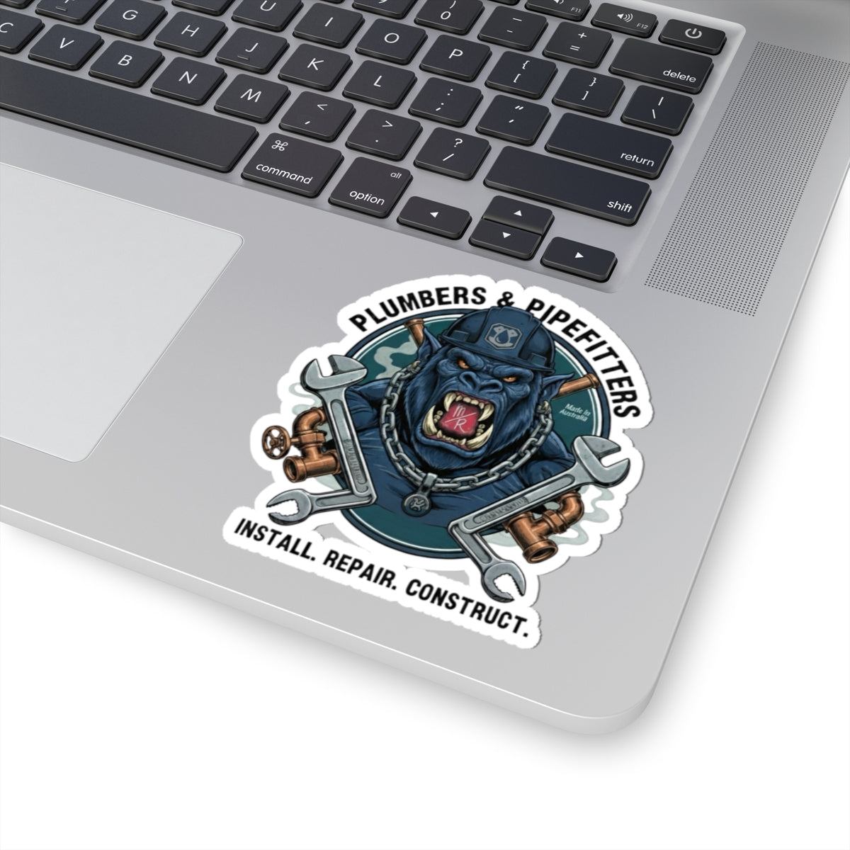 Plumbers & Pipefitters Blue Monster Sticker — 'Install. Repair. Construct.' Emblem