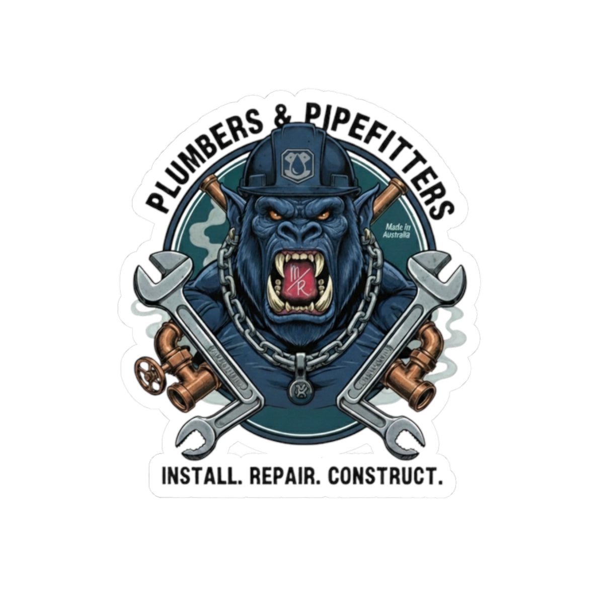 Plumbers & Pipefitters Blue Monster Sticker — 'Install. Repair. Construct.' Emblem