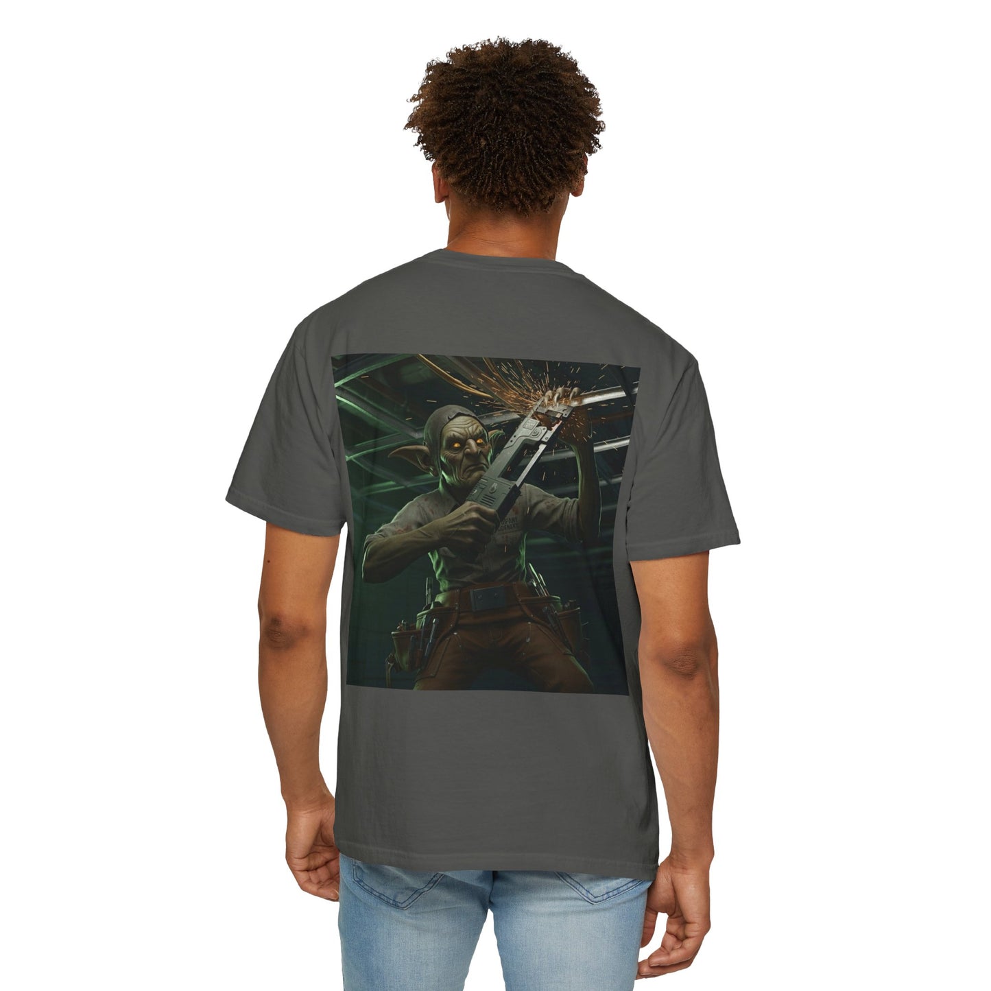 Grid Goblin using his bandsaw to cut out some grid - shirt