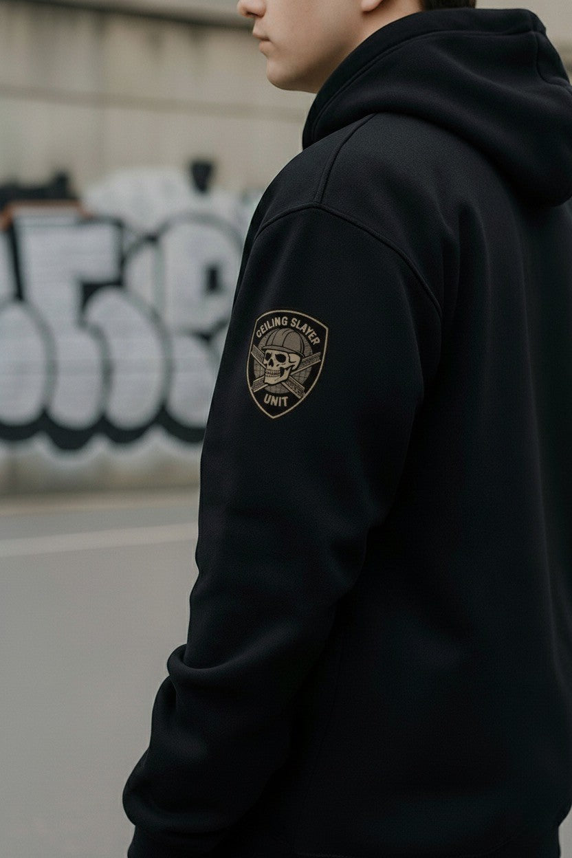 Ceiling Slayer Hoodie – Full Multi-Print Work Hoodie | Back, Both Sleeves & Chest Logo