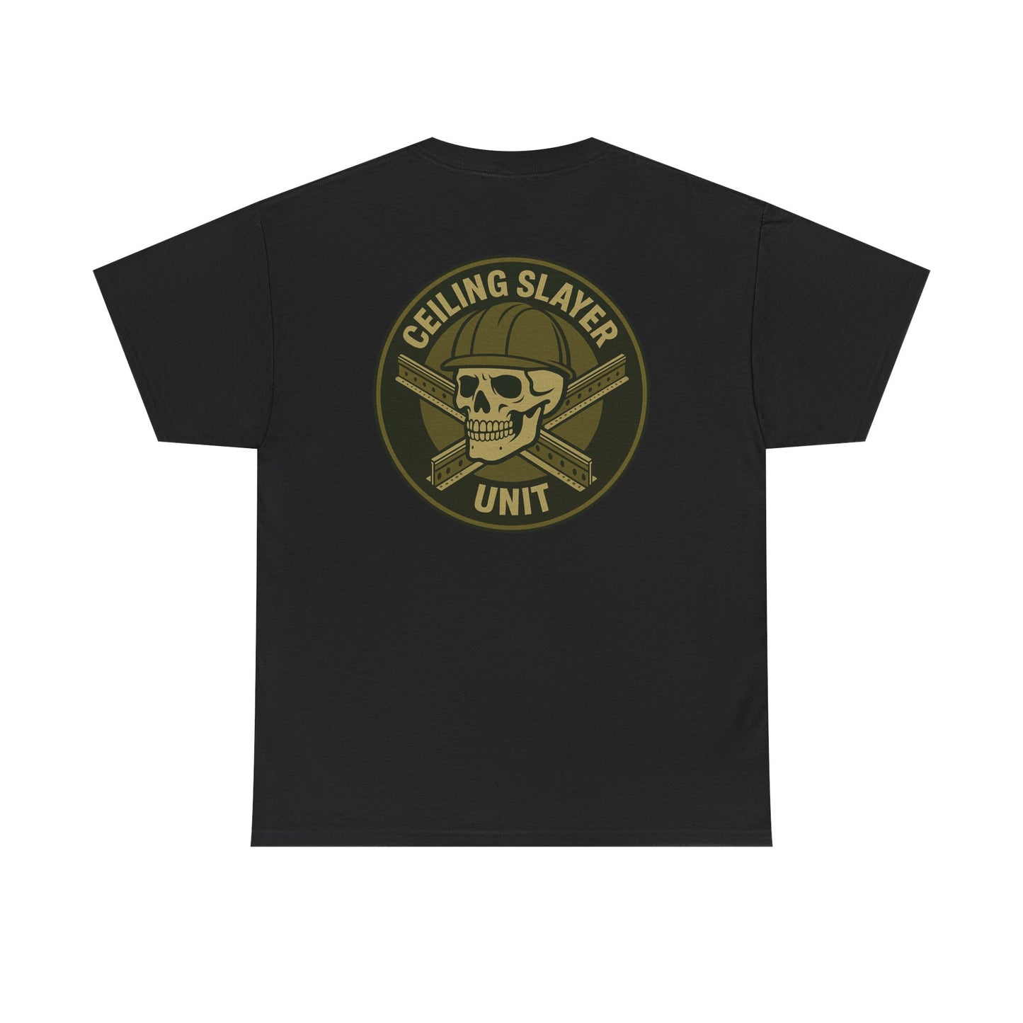 “Ceiling Slayer Unit” military inspired shirt with tbar cross and skull