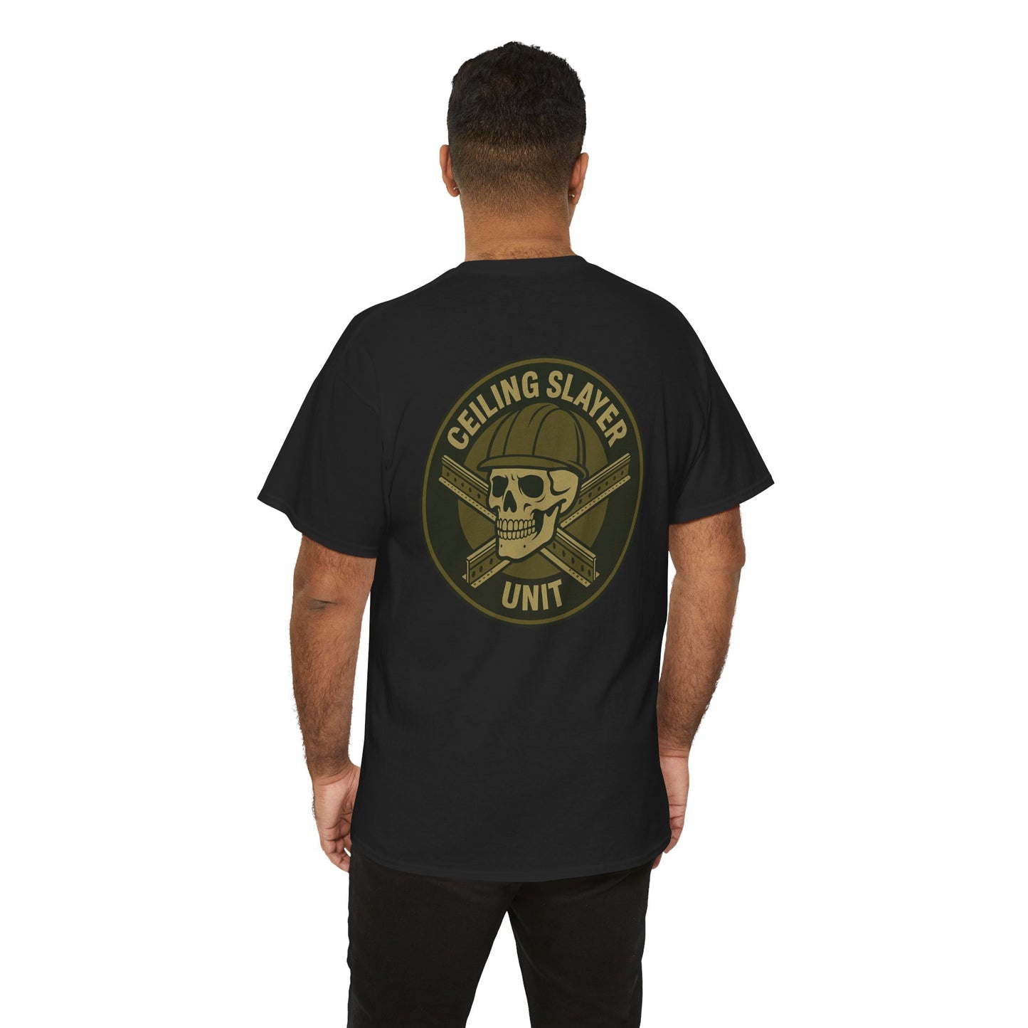 “Ceiling Slayer Unit” military inspired shirt with tbar cross and skull