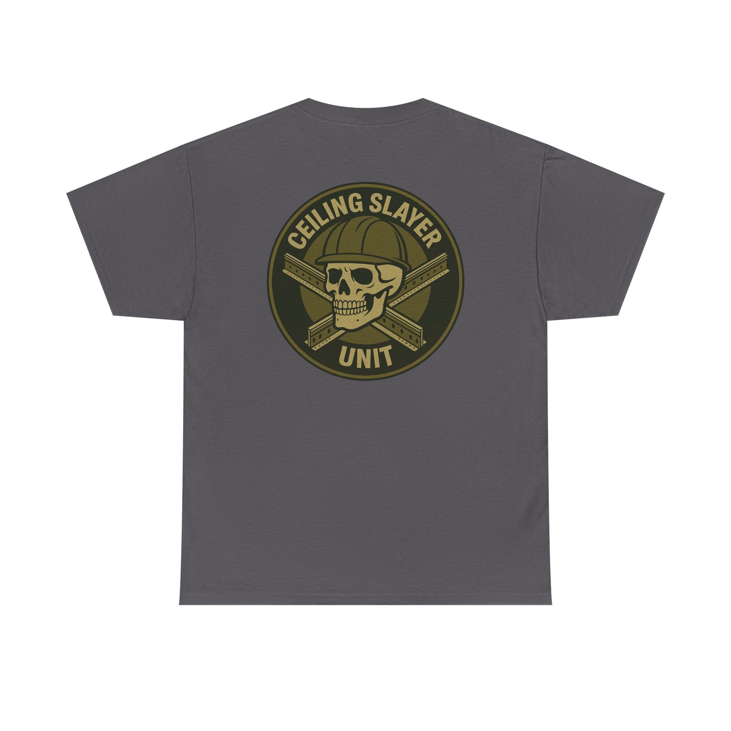 “Ceiling Slayer Unit” military inspired shirt with tbar cross and skull