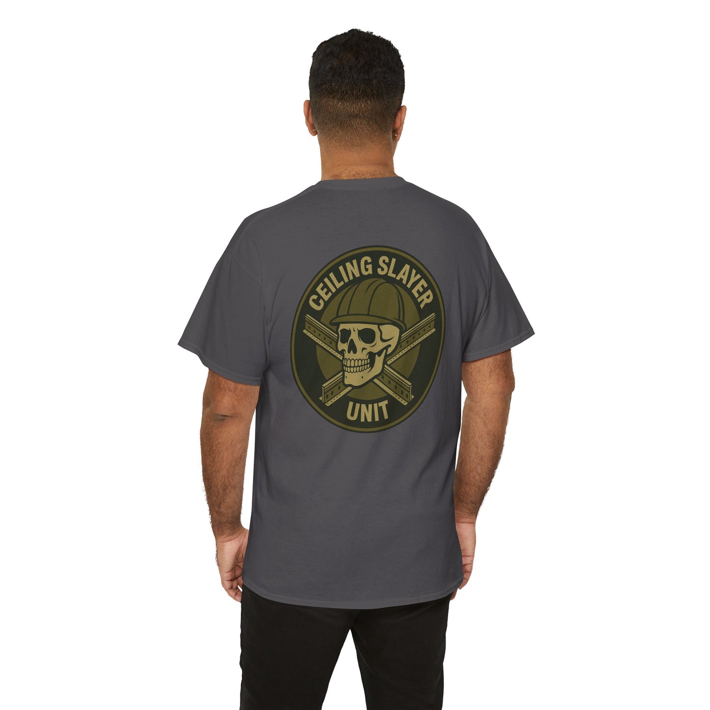 “Ceiling Slayer Unit” military inspired shirt with tbar cross and skull