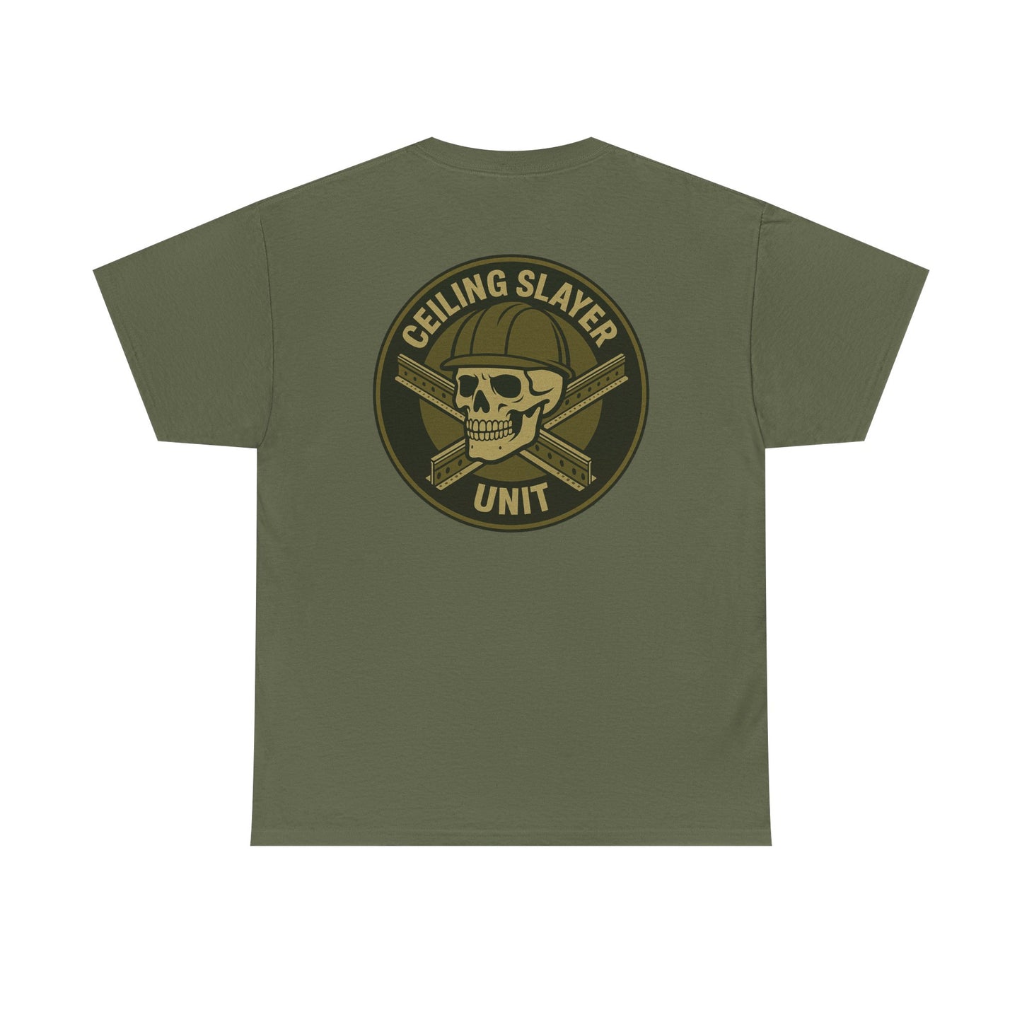 “Ceiling Slayer Unit” military inspired shirt with tbar cross and skull