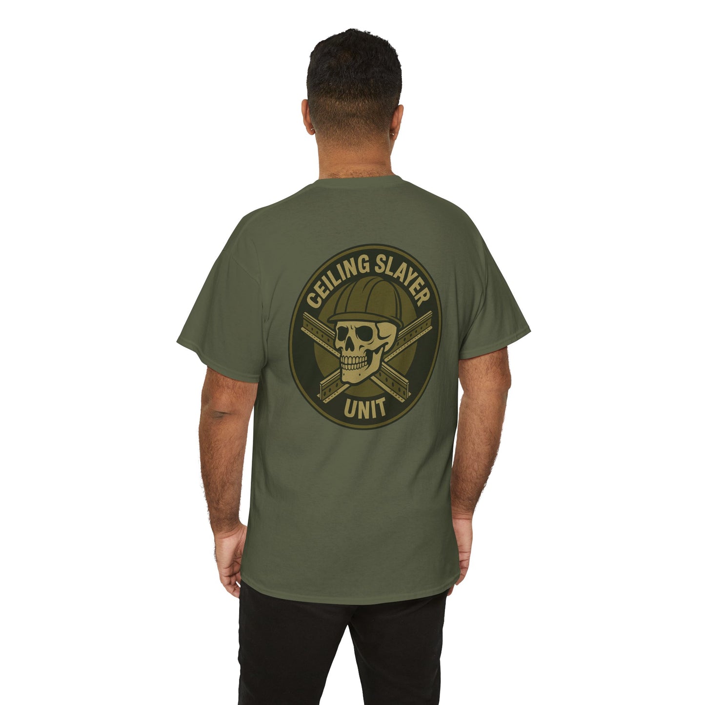 “Ceiling Slayer Unit” military inspired shirt with tbar cross and skull