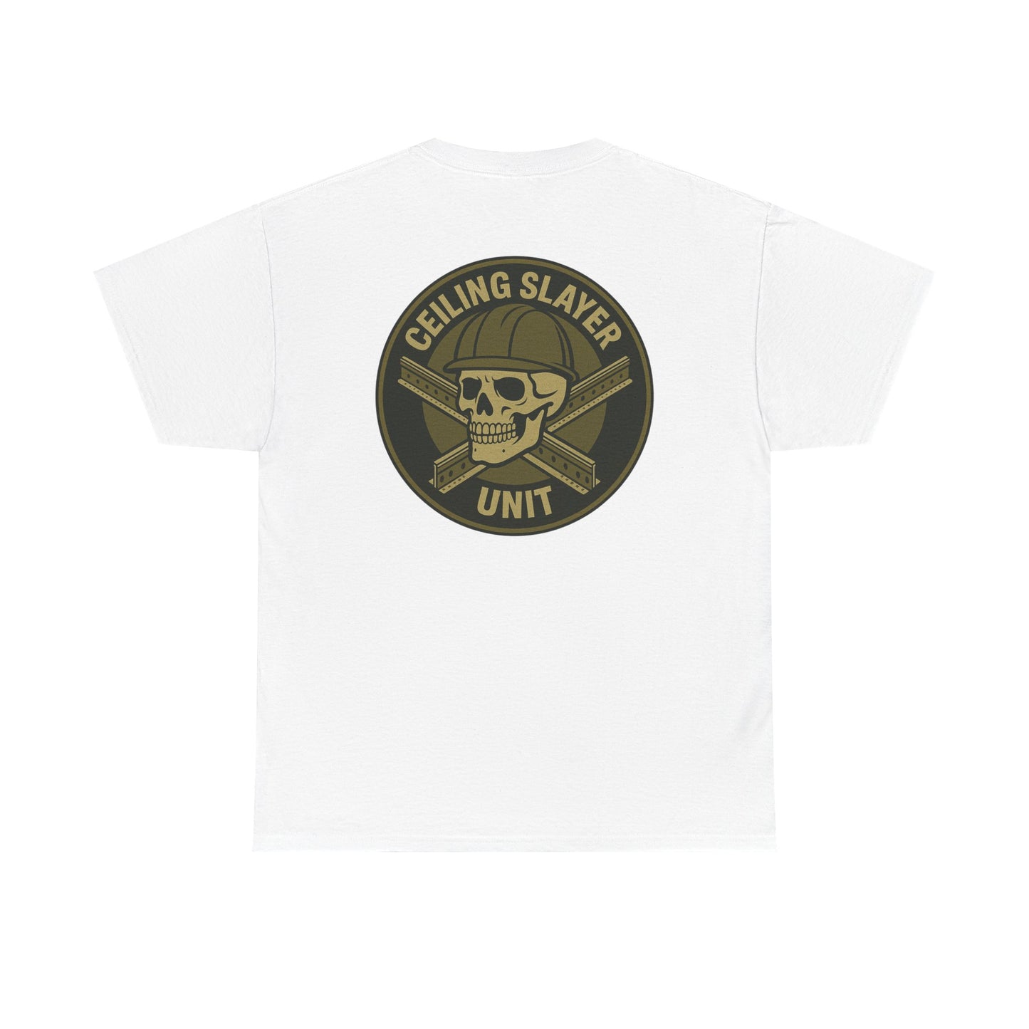 “Ceiling Slayer Unit” military inspired shirt with tbar cross and skull